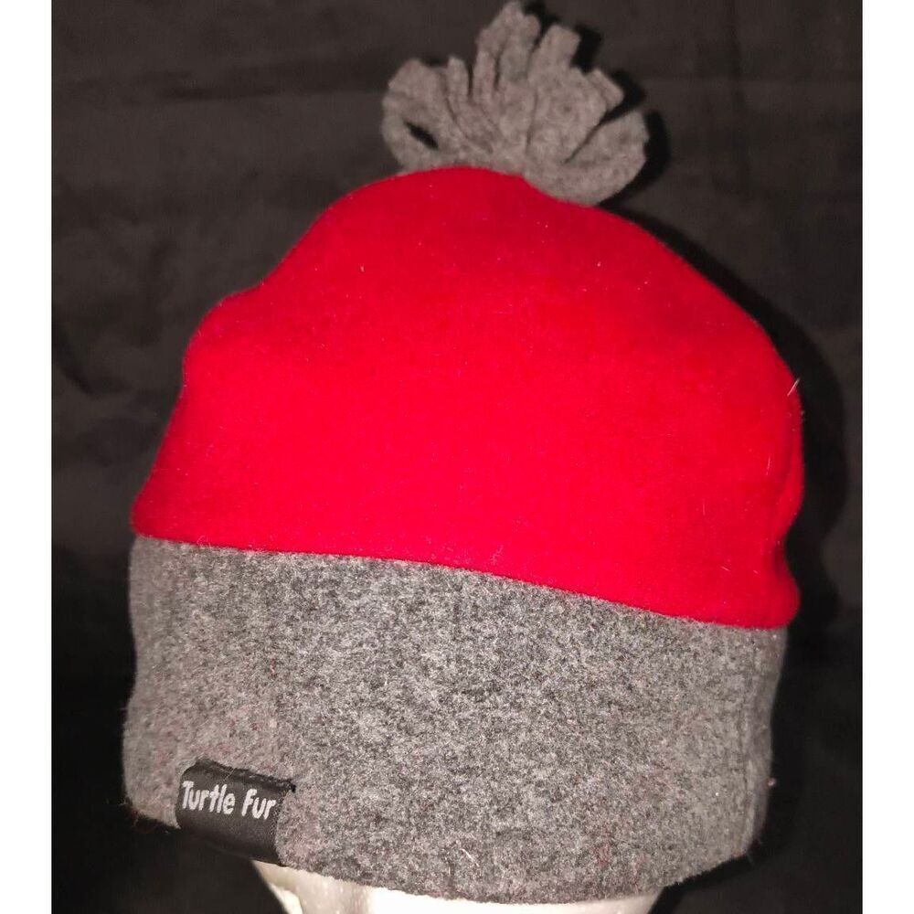 Turtle Fur pom-pom beanie hat red top grey cuff matching pom-pom Children large?